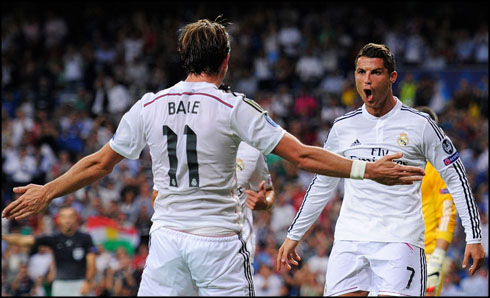 Gareth Bale and Cristiano Ronaldo celebrating Real Madrid goal