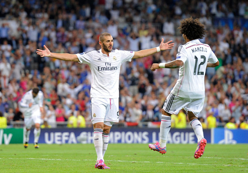 Karim Benzema opening his arms to celebrate his goal for Real Madrid