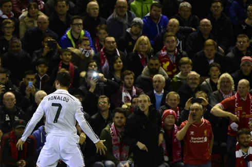 Cristiano Ronaldo teasing Liverpool fans with his trademark goal celebration in Anfield