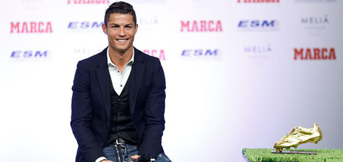 Cristiano Ronaldo answering questions at the Golden Shoe ceremony