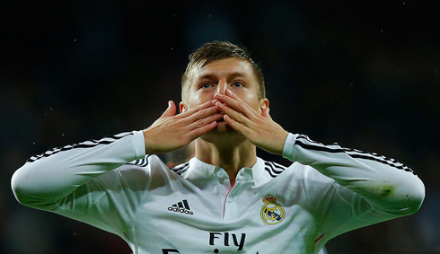 Toni Kroos blowing out kisses to the fans, after his first goal for Real Madrid