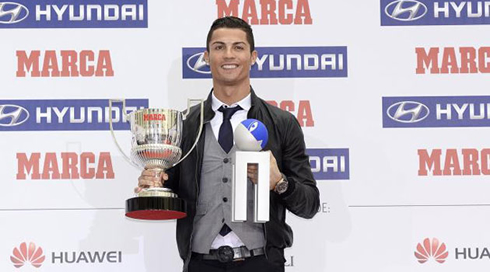 Cristiano Ronaldo showing off the Pichichi and Di Stéfano awards