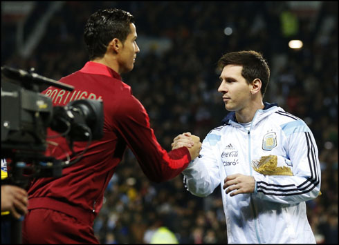 Cristiano Ronaldo hand shake with Lionel Messi, in Portugal vs Argentina
