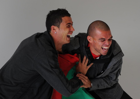 Cristiano Ronaldo and Pepe having fun and laughing