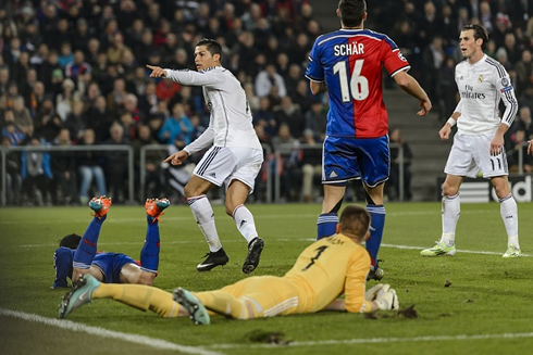 Cristiano Ronaldo celebrating after scoring the winner in Basel 0-1 Real Madrid