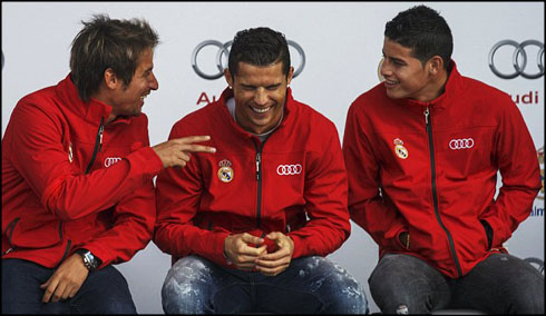 Cristiano Ronaldo laughing next to Coentrão and James Rodríguez
