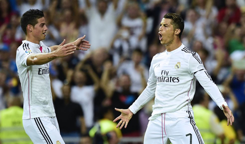 James Rodríguez joining Cristiano Ronaldo in his goal celebrations