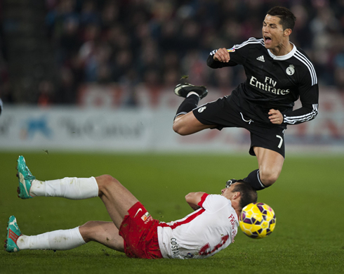 Cristiano Ronaldo flying in the air, after a harsh tackle