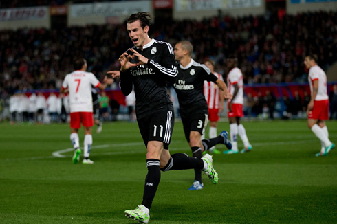 Gareth Bale runs free as he celebrates his header against Almeria