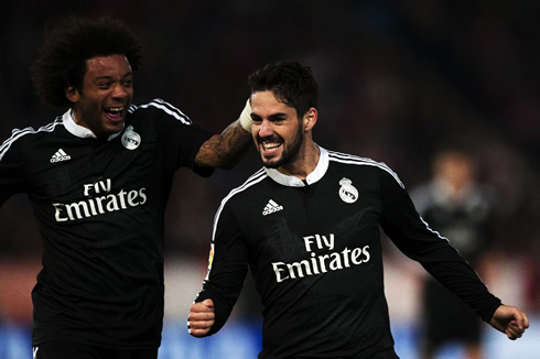 Marcelo and Isco celebrate Real Madrid's opening goal against Almeria