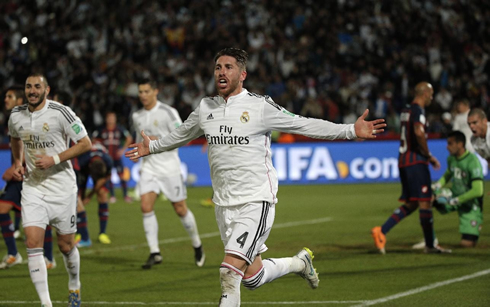 Sergio Ramos runs free after breaking San Lorenzo resistance with a header