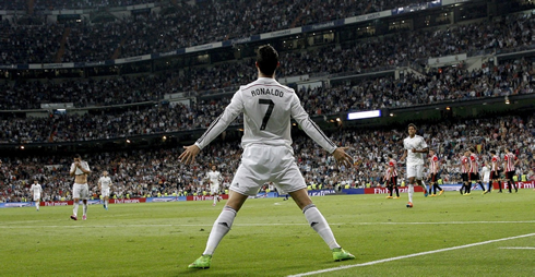 Cristiano Ronaldo celebrating a goal in the Santiago Bernabéu