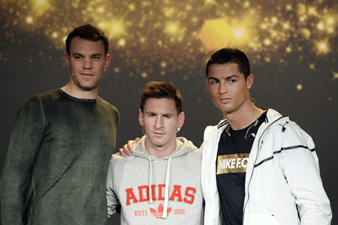 Manuel Neuer, Lionel Messi and Cristiano Ronaldo, after arriving to the 2014 FIFA Ballon d'Or gala