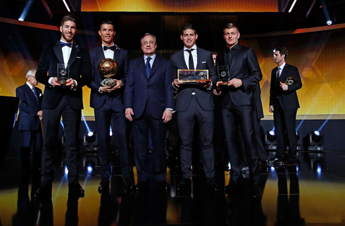 The Real Madrid entourage with Sergio Ramos, Ronaldo, Florentino Pérez, James Rodríguez and Toni Kroos, at the 2014 FIFA Ballon d'Or