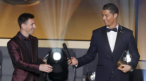 Cristiano Ronaldo and Lionel Messi on stage