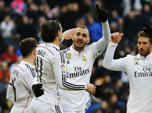 Karim Benzema celebrates his double for Real Madrid, in La Liga 2014-2015