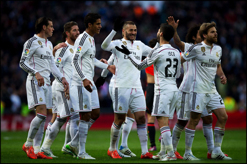 Real Madrid players after a goal