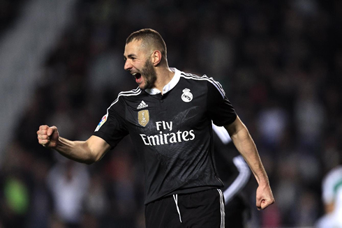 Karim Benzema reacts after scoring for Real Madrid