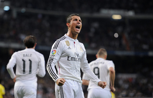 Cristiano Ronaldo yelling after his goal celebration for Real Madrid