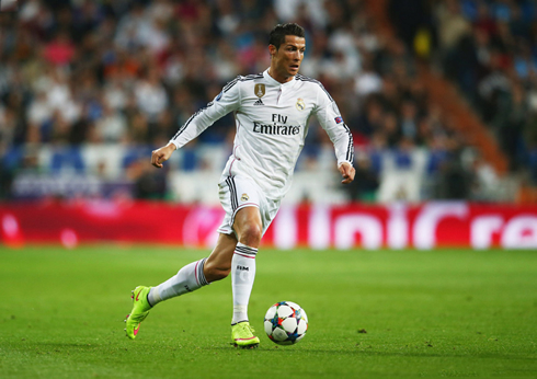 Cristiano Ronaldo playing for Real Madrid in the UEFA Champions League 2014-2015