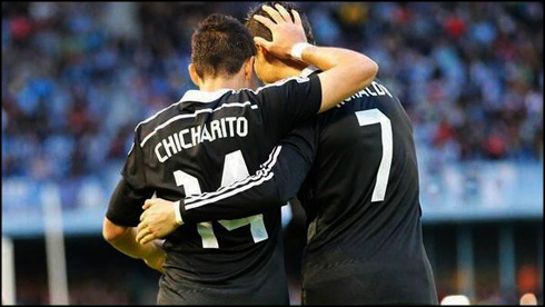 Chicharito and Cristiano Ronaldo in a Real Madrid black kit