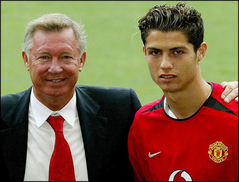 Sir Alex Ferguson presenting Cristiano Ronaldo at Manchester United in 2003