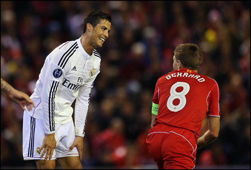 Cristiano Ronaldo smiling at Steven Gerrard