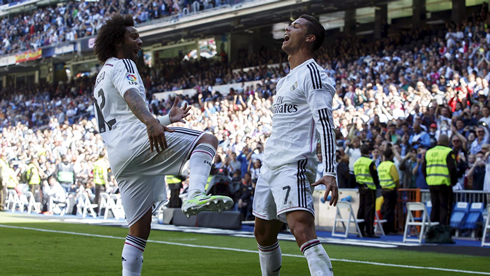 Marcelo and Cristiano Ronaldo in a celebration of a Real Madrid goal