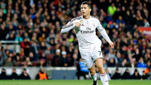 Cristiano Ronaldo scoring for Real Madrid in the Camp Nou