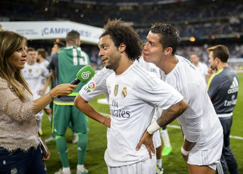 Cristiano Ronaldo playing around with Marcelo during an interview