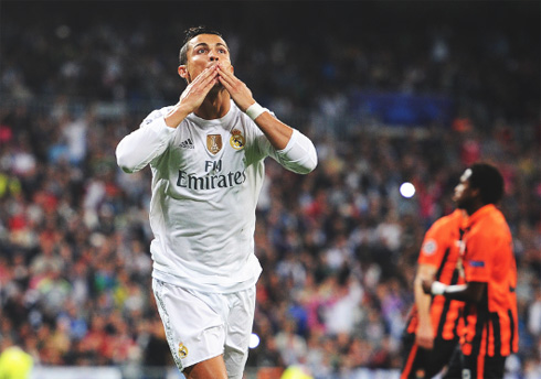 Cristiano Ronaldo blowing out kisses at the Bernabéu after scoring a hat-trick
