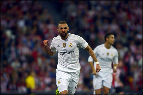 Karim Benzema celebrates scoring a brace, in Athletic Bilbao 1-2 Real Madrid for La Liga 2015-16