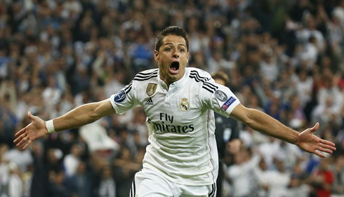 Chicharito celebrating winning goal against Atletico Madrid, in the Champions League in 2015
