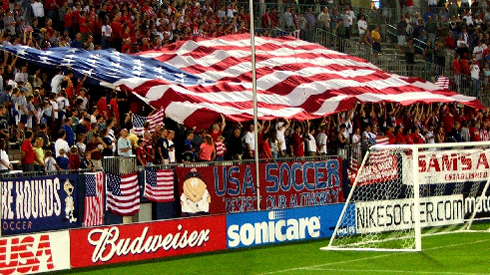 The United States flag in a soccer stadium
