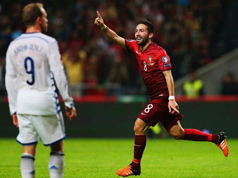 João Moutinho celebrating the winner in Portugal 1-0 Denmark, for the EURO 2016 qualifier