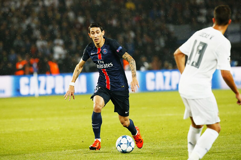 Angel Di María playing for PSG against Real Madrid, in 2015