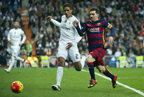 Varane and Lionel Messi in Real Madrid vs Barcelona for La Liga 2015-2016