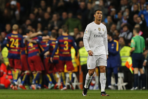 Cristiano Ronaldo walking away from Barcelona celebrations in El Clasico