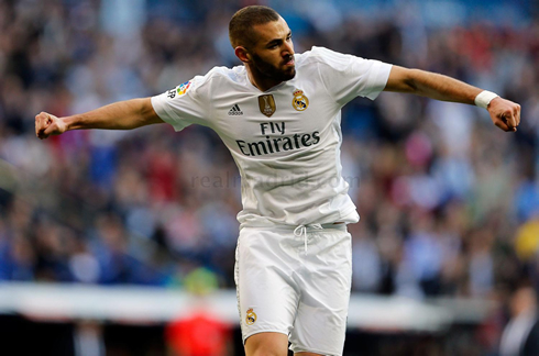 Karim Benzema celebrates scoring a goal for Real Madrid in 2015-16