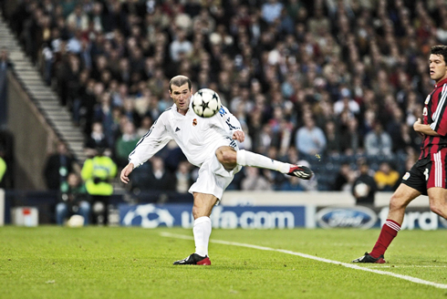 Zidane in the Champions League final, scoring a volley goal in Real Madrid vs Bayer Leverkusen