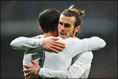 Cristiano Ronaldo and Gareth Bale hug each other in Real Madrid, in 2016