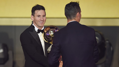 Cristiano Ronaldo congratulating Messi for his FIFA Ballon d'Or award