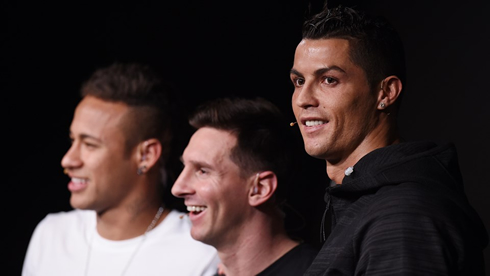 Neymar, Messi and Ronaldo taking a photo at the FIFA Ballon d'Or 2015 ceremony and gala