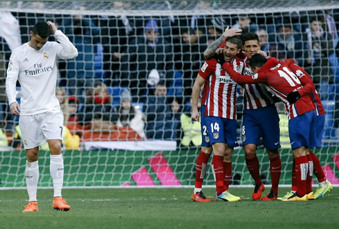 Cristiano Ronaldo scratching his head after Atletico scores the opener at the Bernabéu