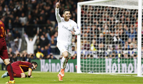 Cristiano Ronaldo raises his finger after scoring for Real Madrid against Roma