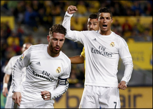 Cristiano Ronaldo raises his hand to celebrate Sergio Ramos goal against Las Palmas