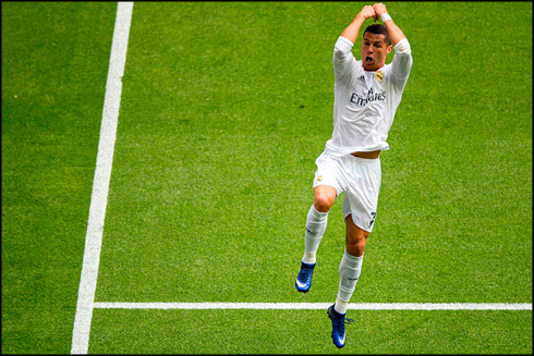 Cristiano Ronaldo jumping and landing celebration after scoring a goal in 2016
