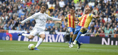 Cristiano Ronaldo striking the football in Real Madrid vs Valencia