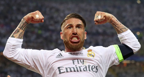 Sergio Ramos celebrates goal against Atletico Madrid in the UCL final of 2016