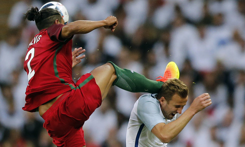 Bruno Alves high tackle kung-fu on Harry Kane, in England vs Portugal in 2016